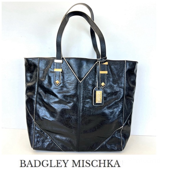 BADGLEY MISCHKA Black Patent Leather Gold Hardware Shopping Shoulder Bag Tote - Picture 1 of 14